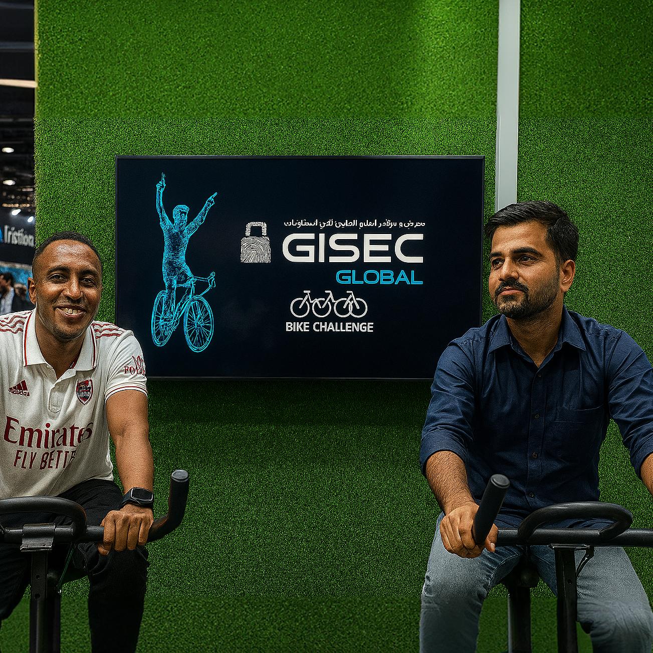 Guests racing on interactive bike game at corporate event in Dubai